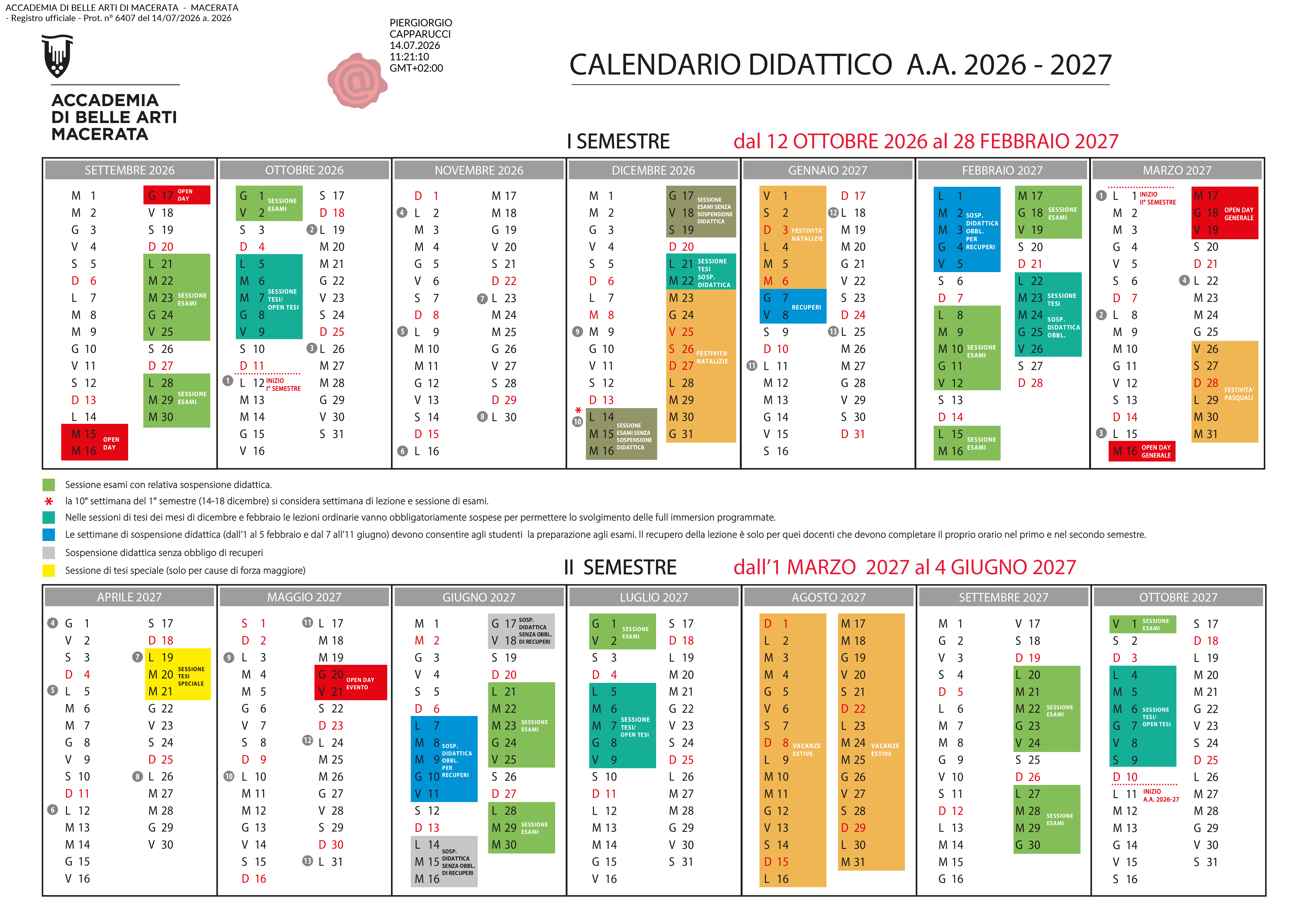 Calendario didattico dell'anno accademico